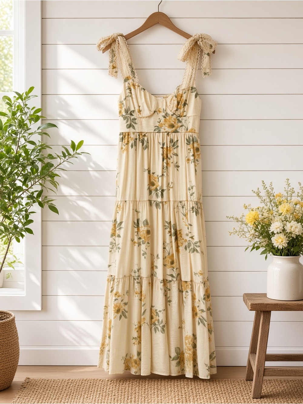 Soft Yellow Floral Tiered Midi Dress with Lace Straps